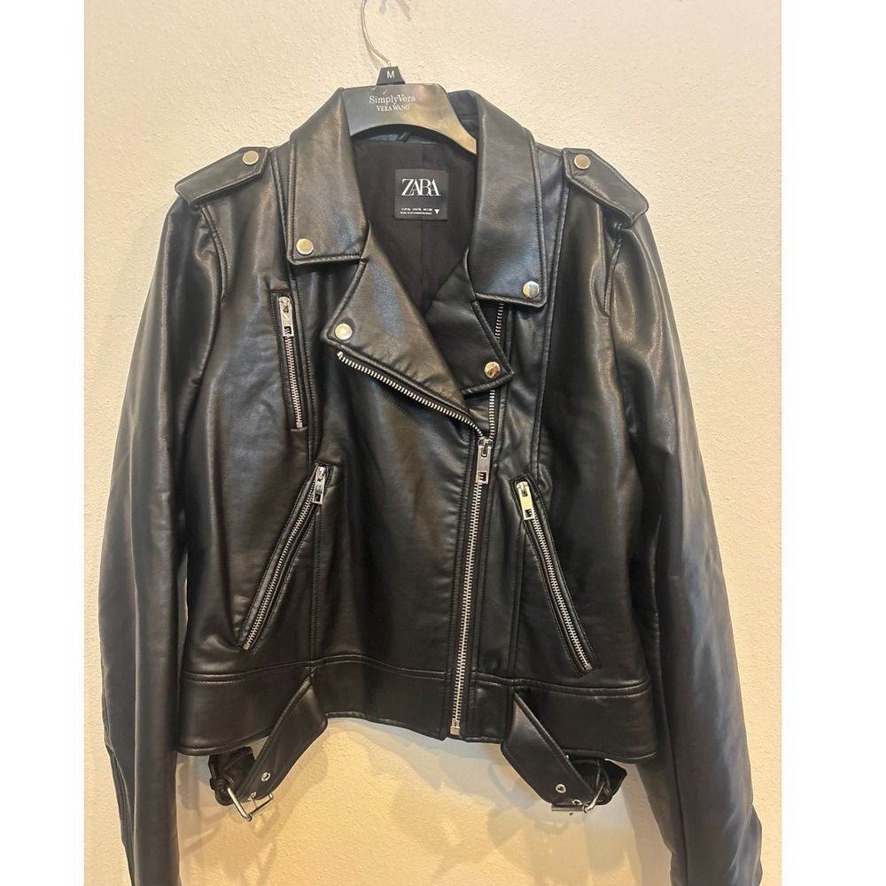 Zara Black Faux Leather Moto Biker Jacket Asymmetrical Zip XL